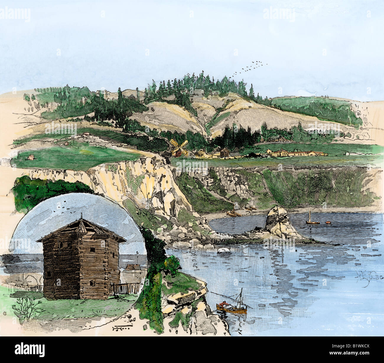 Fort Ross on the California coast and an old Russian blockhouse inset. Hand-colored woodcut Stock Photo