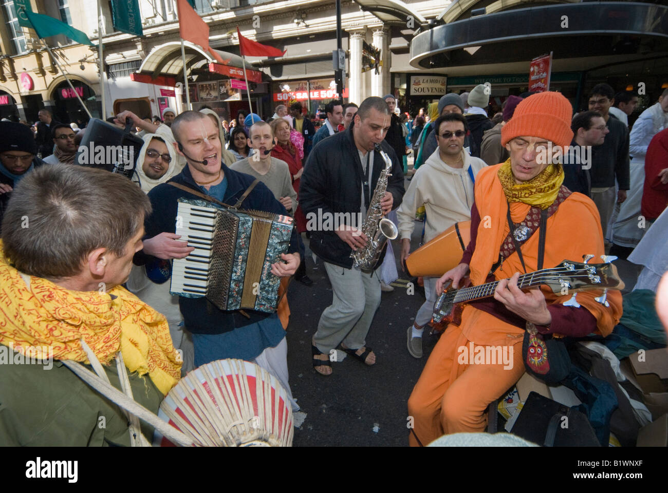 Musicians play in Hare Krishna Gaura Purnima procession around Central London celebrating Caitanya Stock Photo