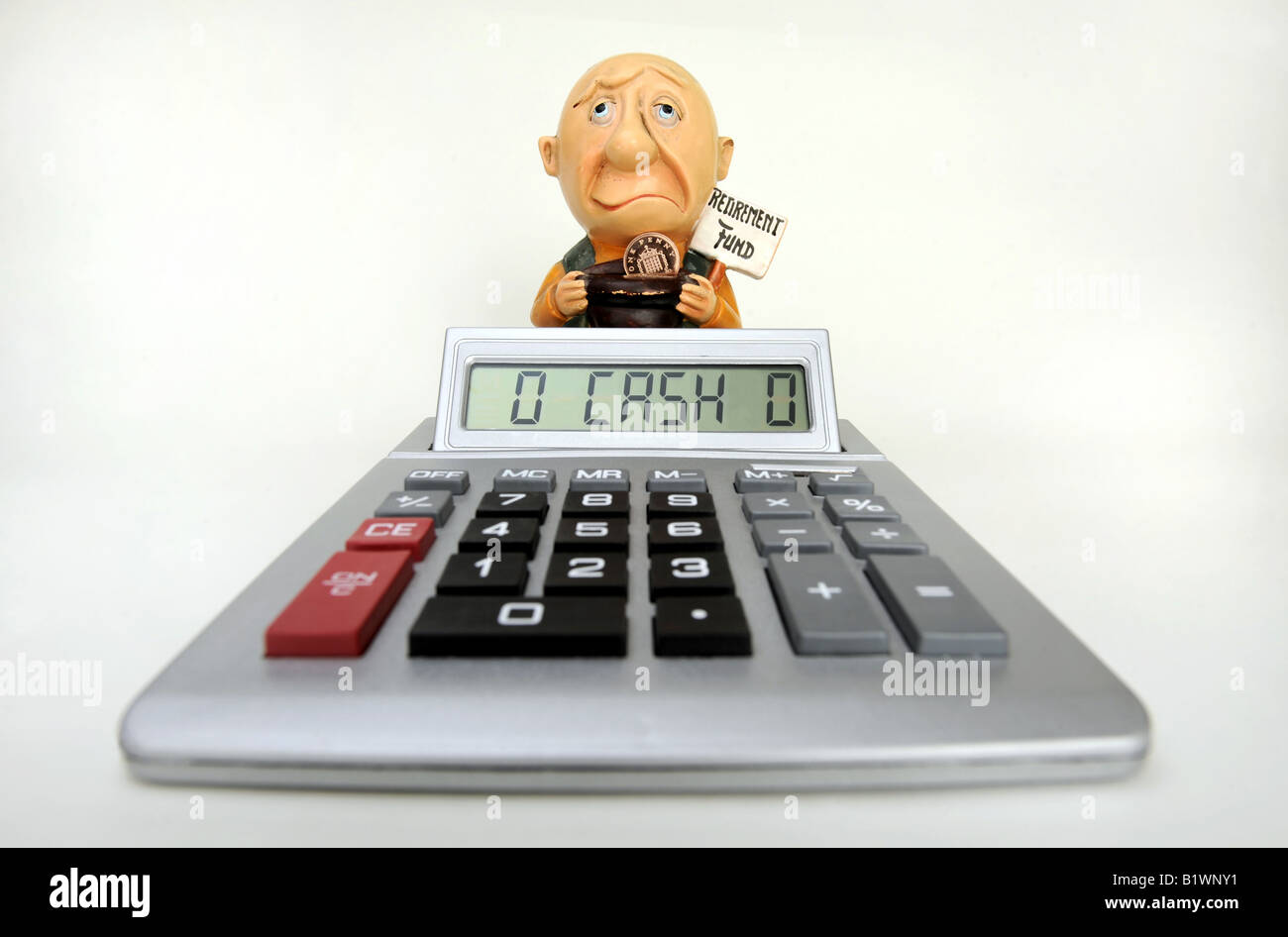 OLD AGE PENSIONER HOLDING RETIREMENT FUND HAT AND SIGN WITH CALCULATOR, RE PENSIONS INCOME BENEFITS SAVINGS ETC...UK,BRITISH. Stock Photo