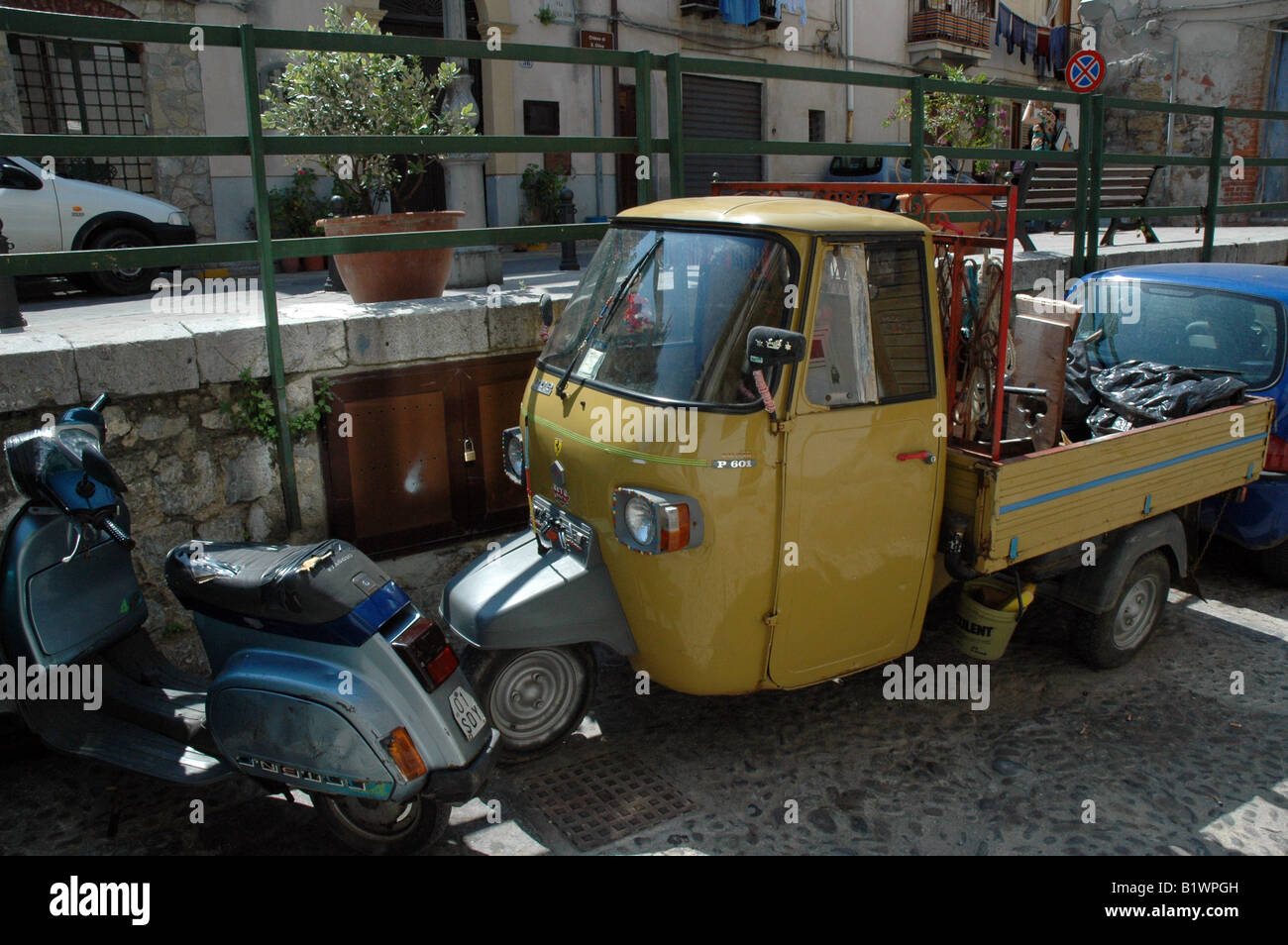Vespa and Piaggio, Cefalu, Sicily. Stock Photo