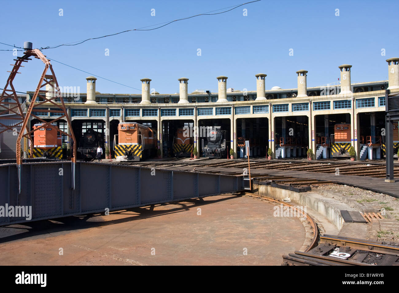 Rotating turntable at a fan-shaped railway maintenance depot in ...