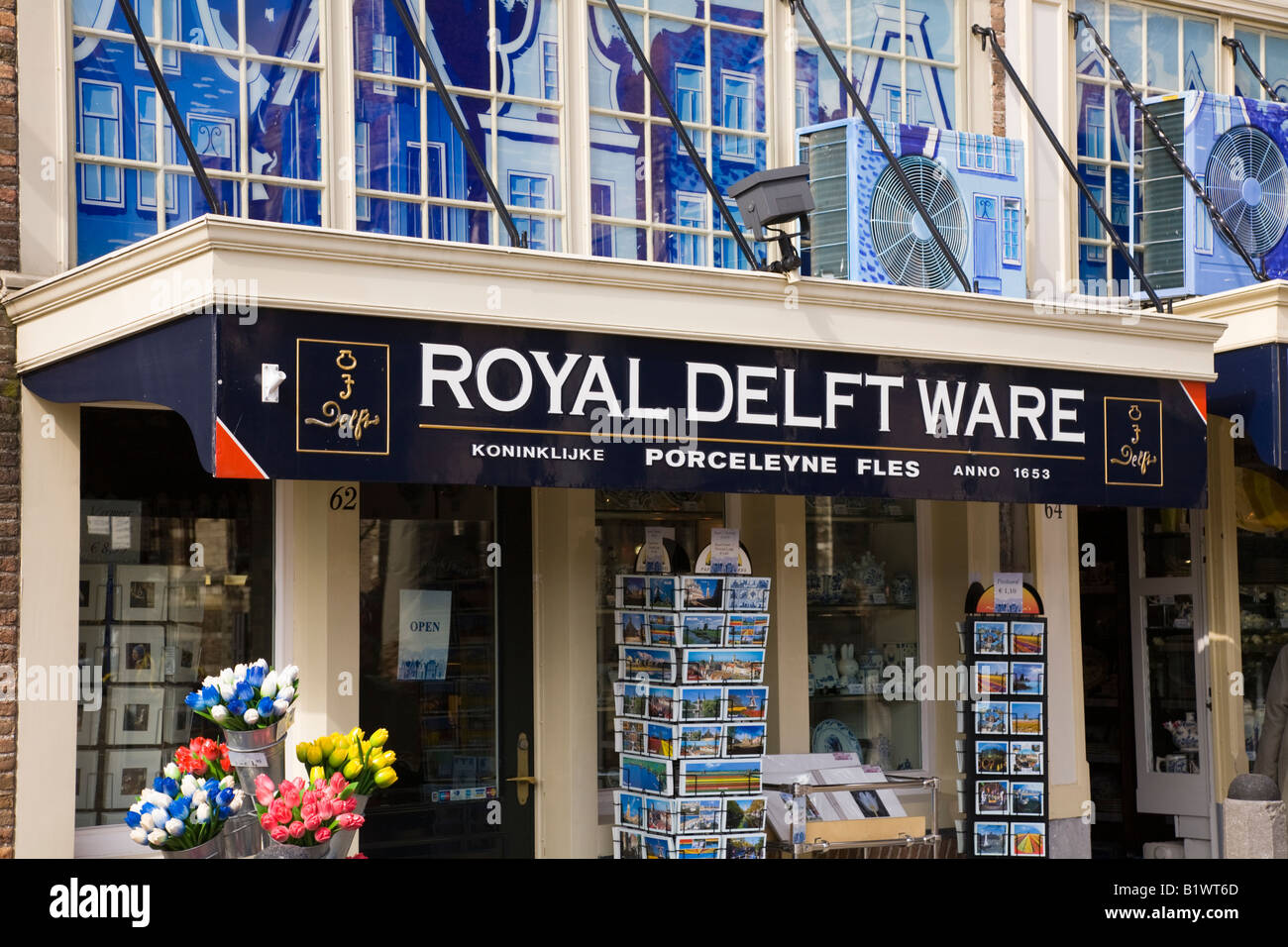 Shop selling Royal Delftware pottery, in Delft. Netherlands. Stock Photo