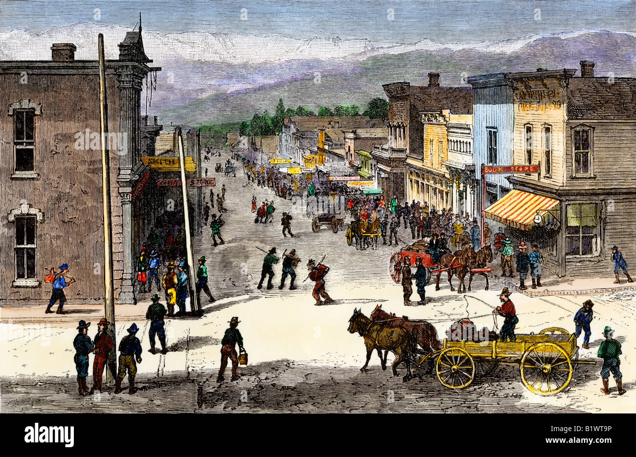 Chestnut Street in Leadville Colorado during the mining boom 1870s. Hand-colored woodcut Stock Photo