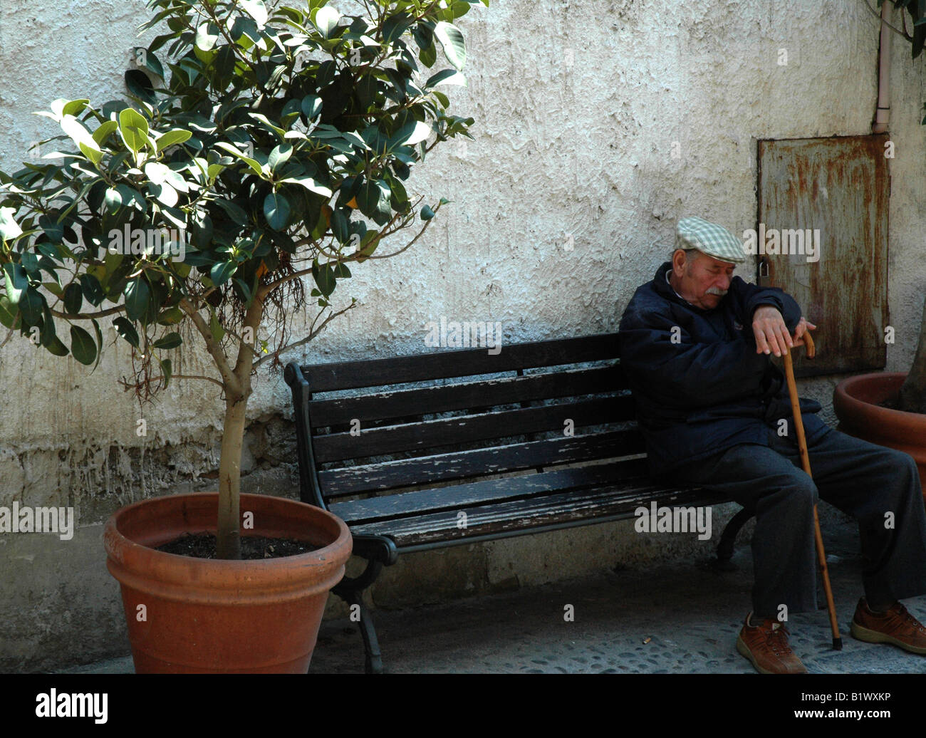 Old man sleeping on bench, Cefalu, Sicily. Stock Photo