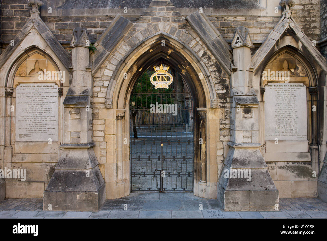Memorial tablets and entrance gateway to the ruins of Holy Rood Church Southampton Hampshire England Stock Photo