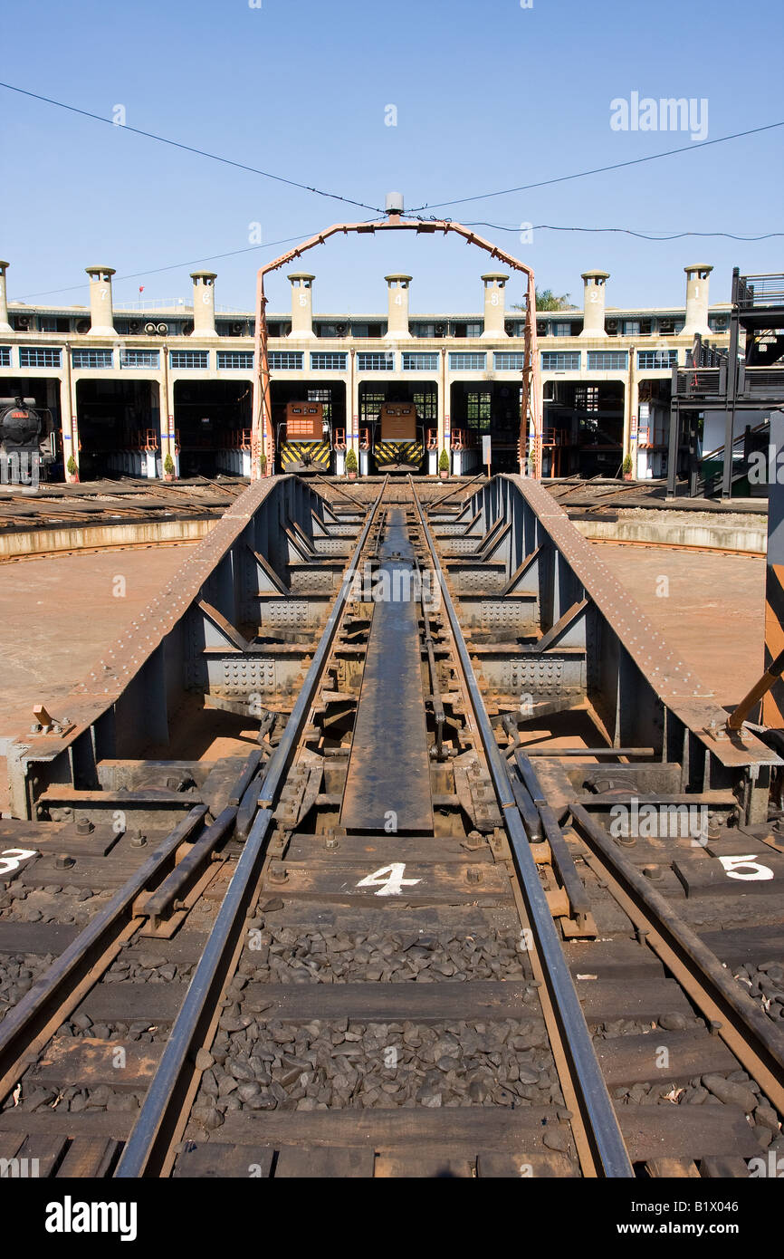 Rotating turntable at a fan-shaped railway maintenance depot in ...