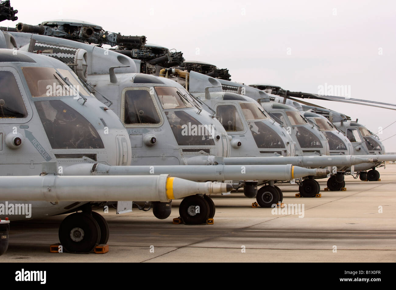 Military Helicopters lined up in a row Stock Photo