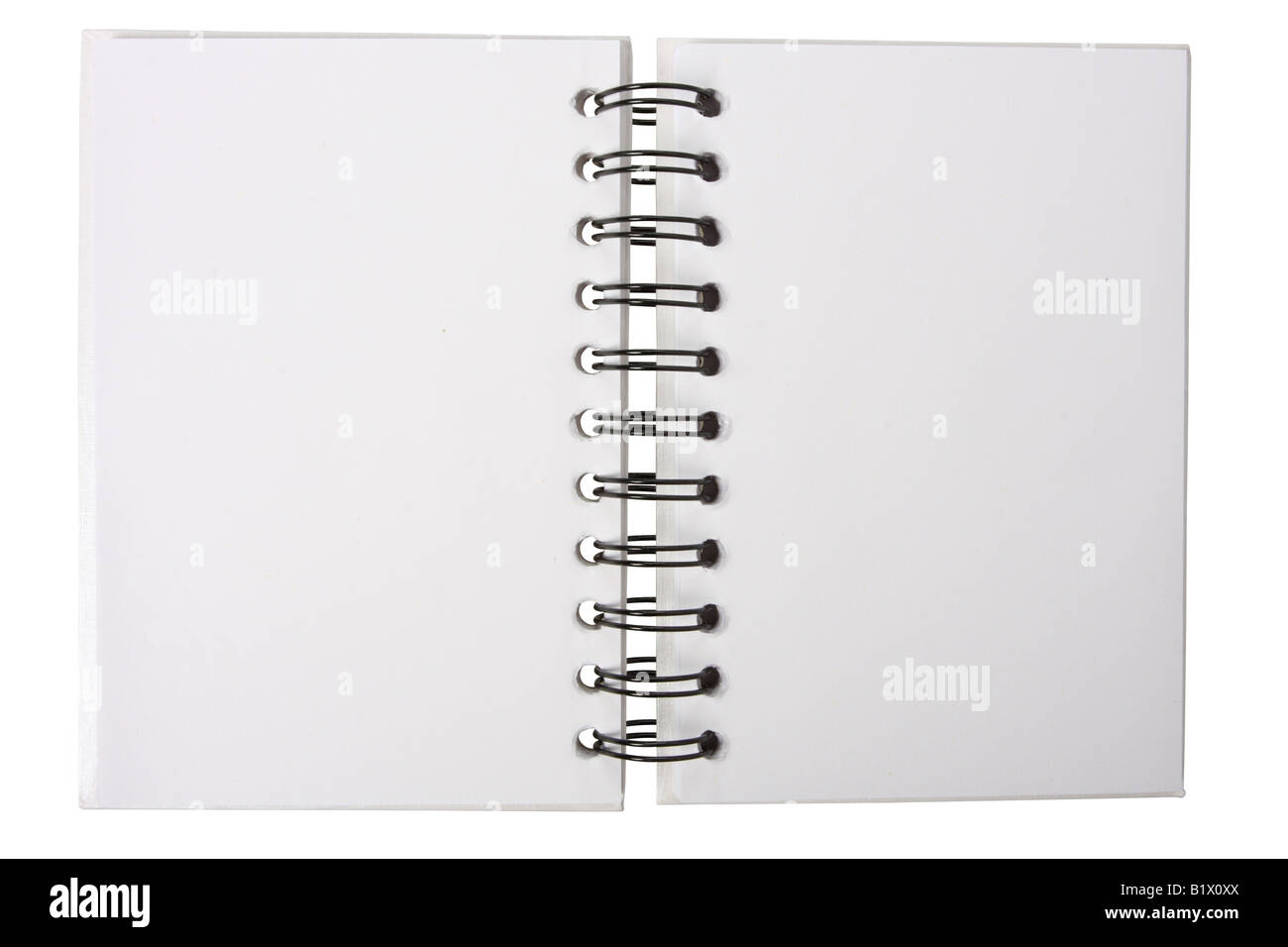 White notebook with black ring binders isolated on white open in the middle Stock Photo