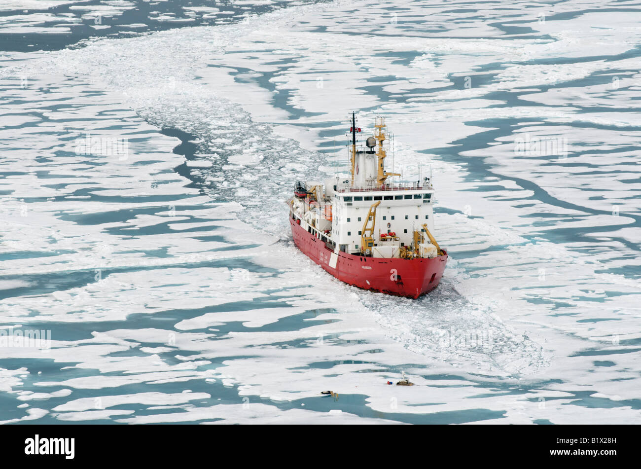 Canadian Coast Guard icebreaker and Arctic research ship CCGS Amundsen.  Seen in the Amundsen Gulf.  Spring time ice. Stock Photo