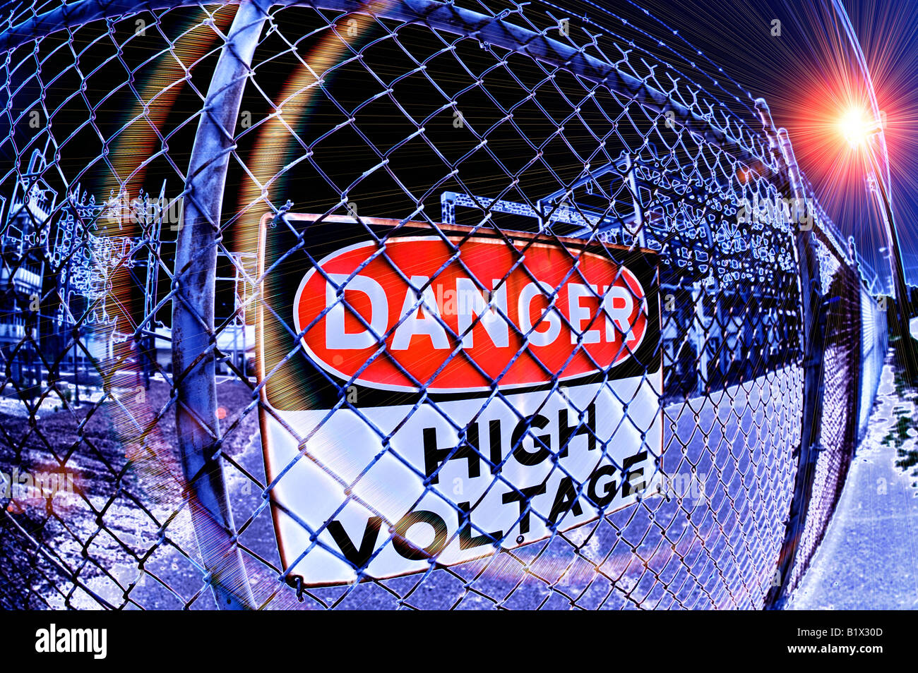 danger high voltage sign on gate of electric power station Stock Photo ...