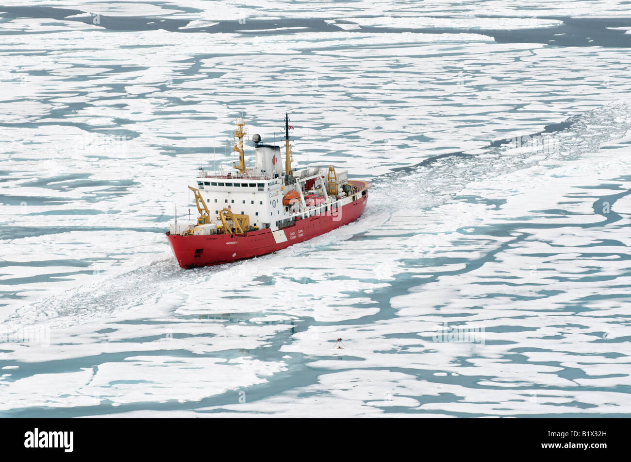 Canadian Coast Guard icebreaker and Arctic research ship CCGS Amundsen.  Seen in the Amundsen Gulf.  Spring time ice. Stock Photo