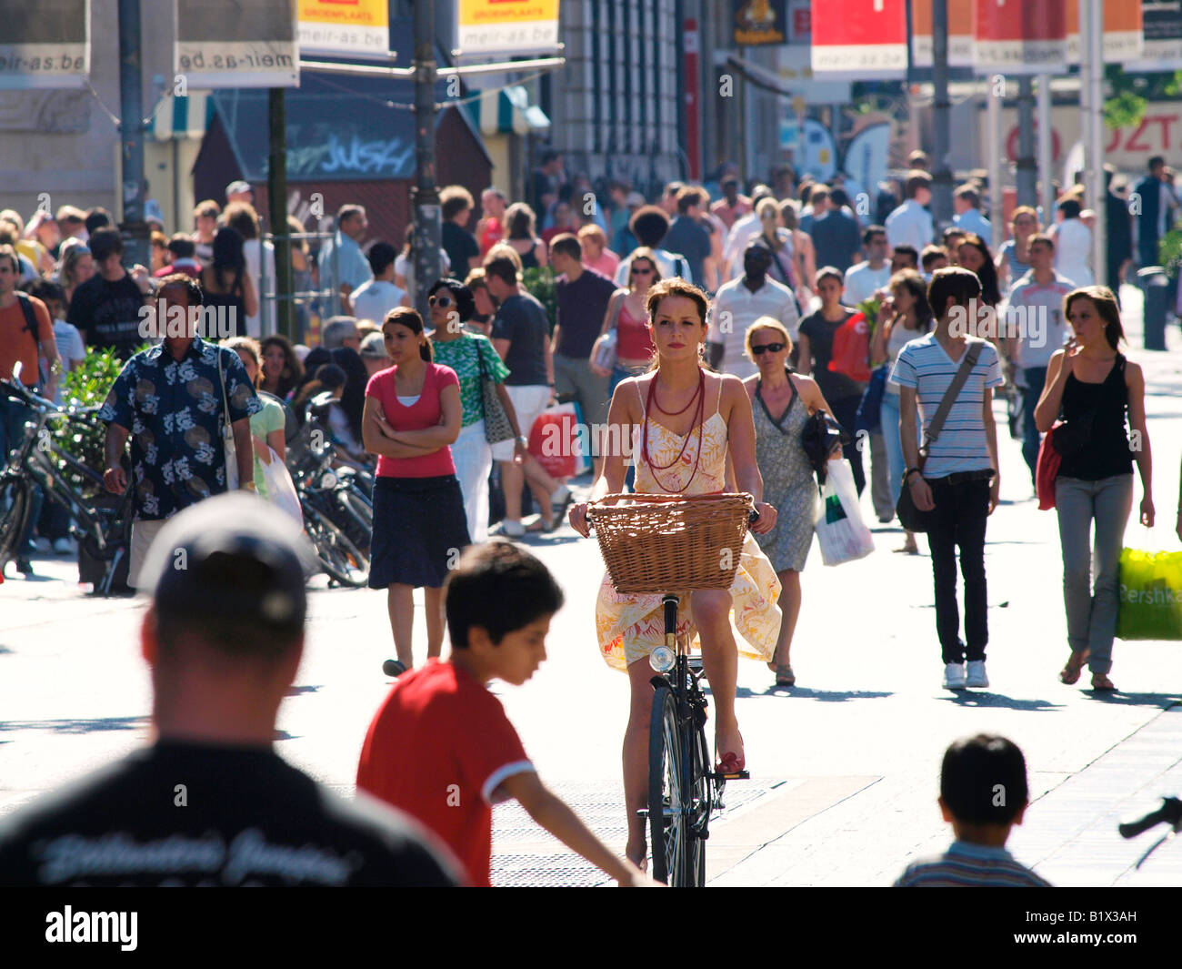 the Meir the main shopping street of Antwerp Flanders Belgium with many people on a warm summers day Stock Photo