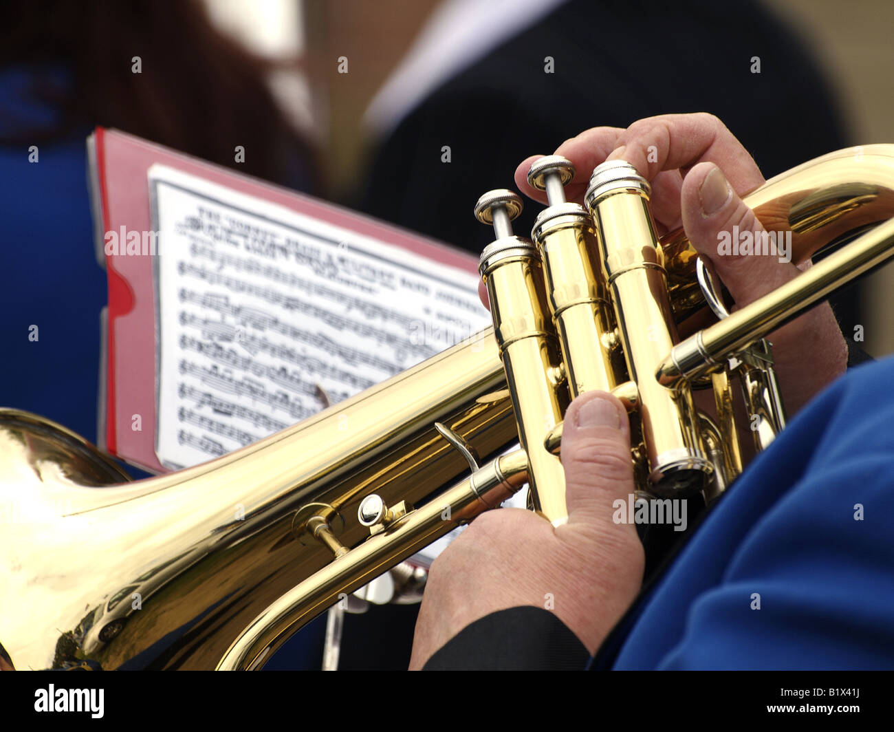 Trumpet being played by a bandsman Stock Photo - Alamy