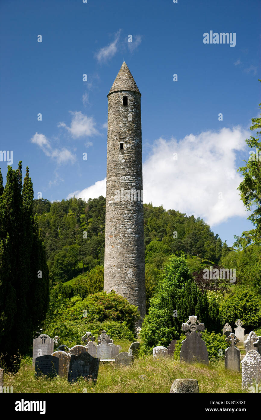 Glendalough round tower monastic settlement Ireland Stock Photo