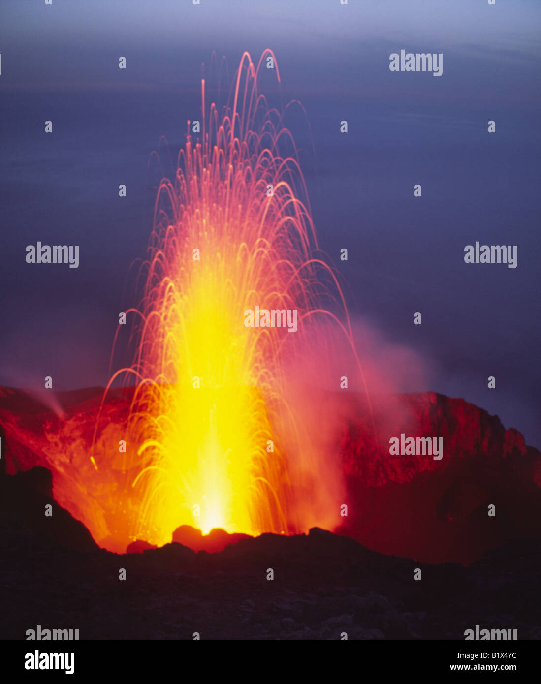 Nocturnal eruption volcanic island of Stromboli Aeolian islands Italy Stock Photo
