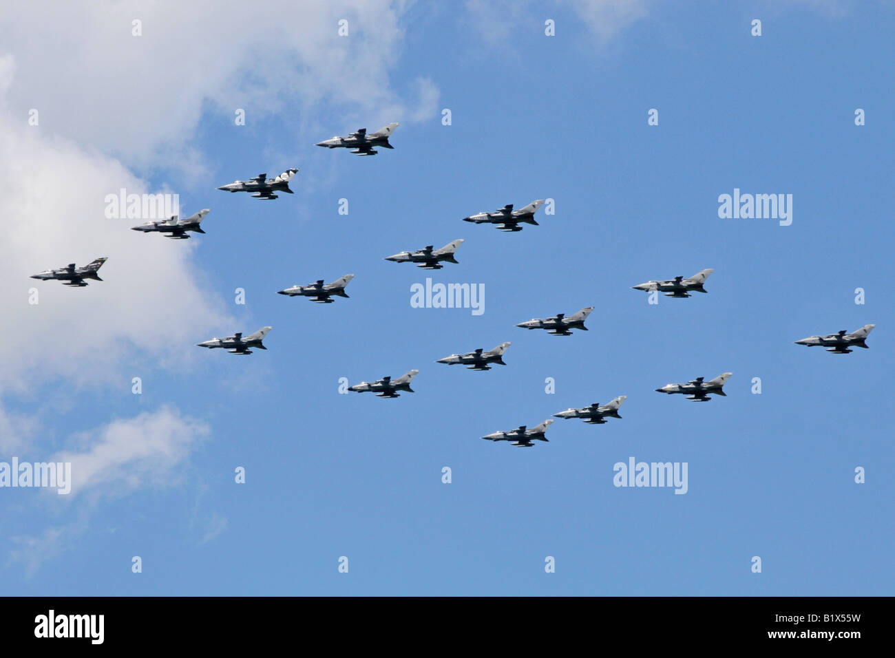 Formation of 16 sixteen RAF Panavia Tornado GR4 combat jet aircraft