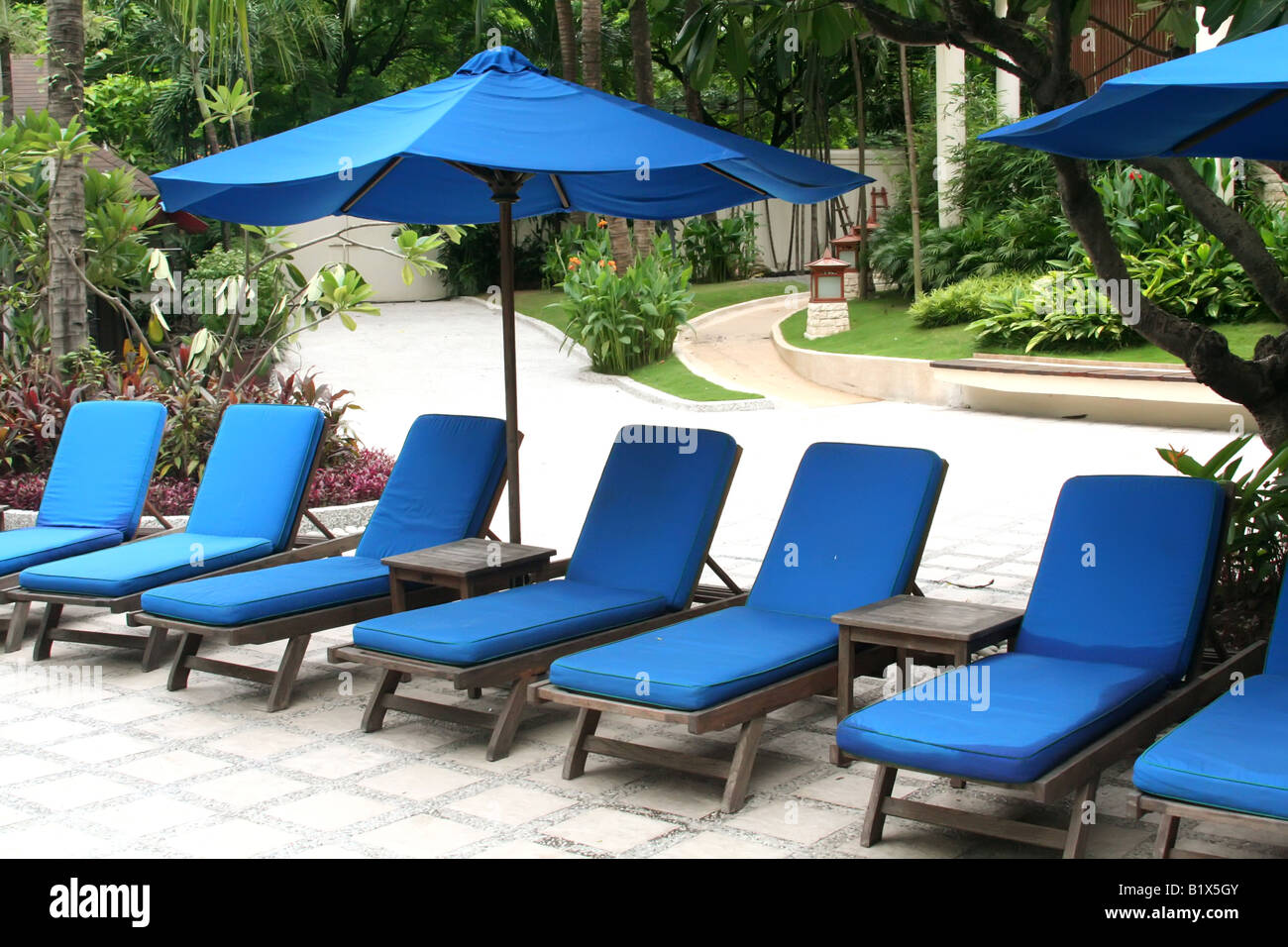Poolside deck chairs with umbrellas tropical Stock Photo Alamy