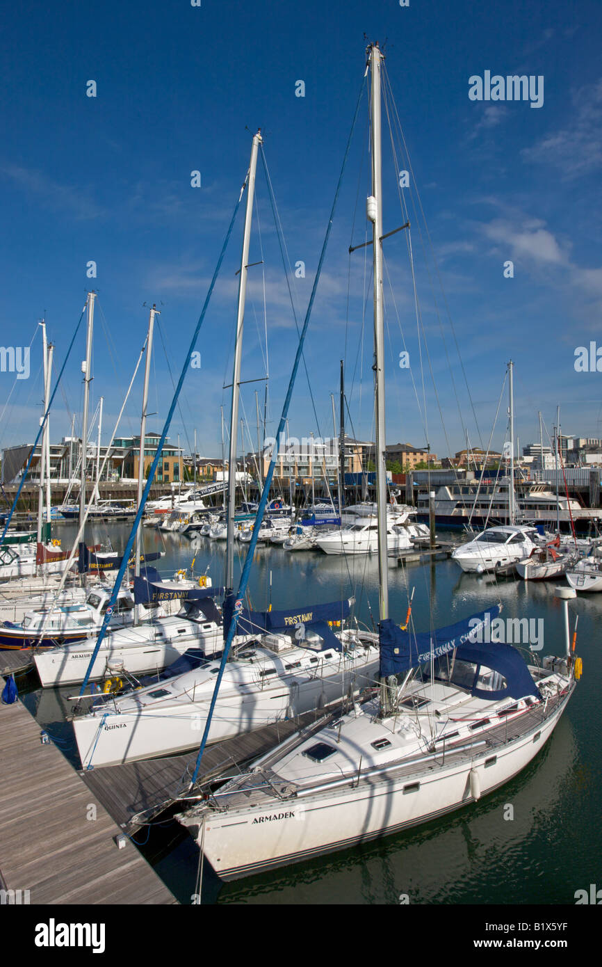 Yachts moored at Ocean Village Marina Southampton Hampshire England