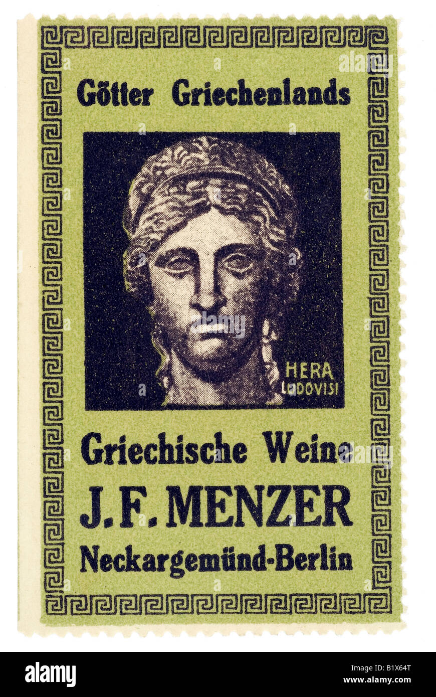 trading stamp wine Götter Griechenlands Griechische Weine J F Menzer Neckargemünd Berlin Hera Ludovisi Stock Photo