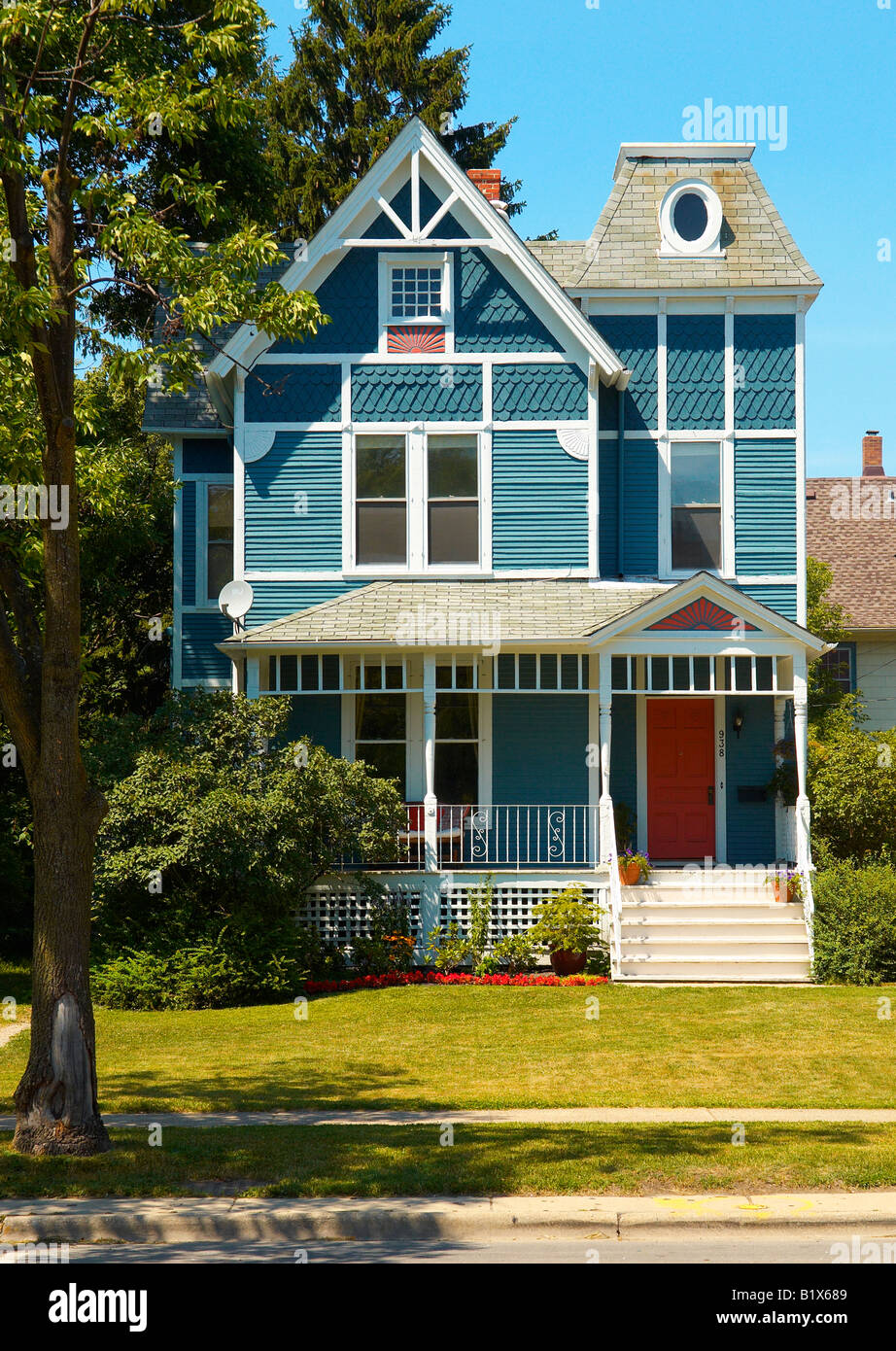 Blue Wooden Prairie House In Illinois Painted Light Blue