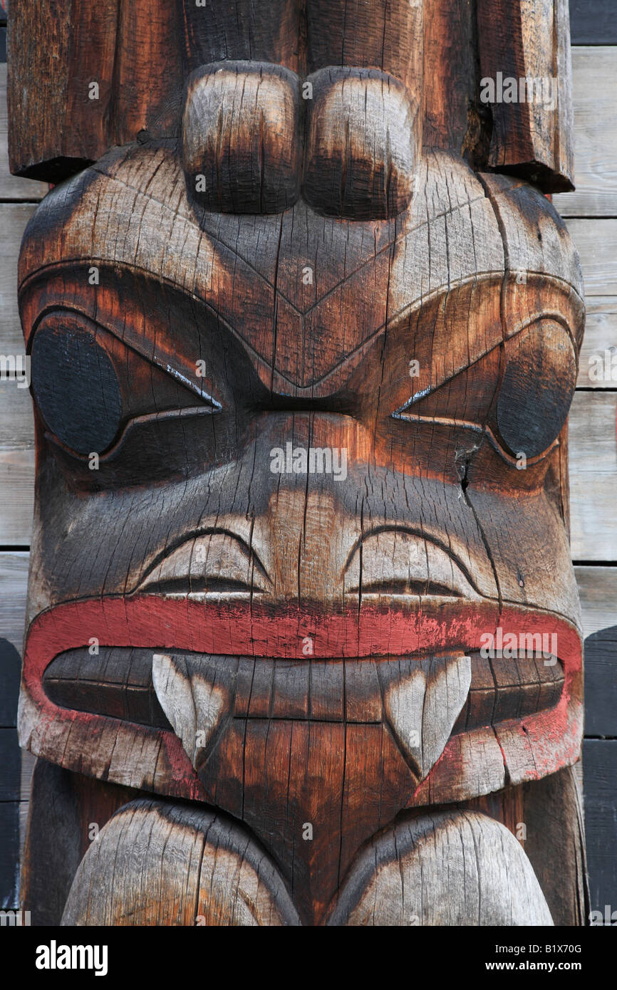Detail of totem pole at Ksan Historical Village and Museum Hazelton British Columbia Stock Photo