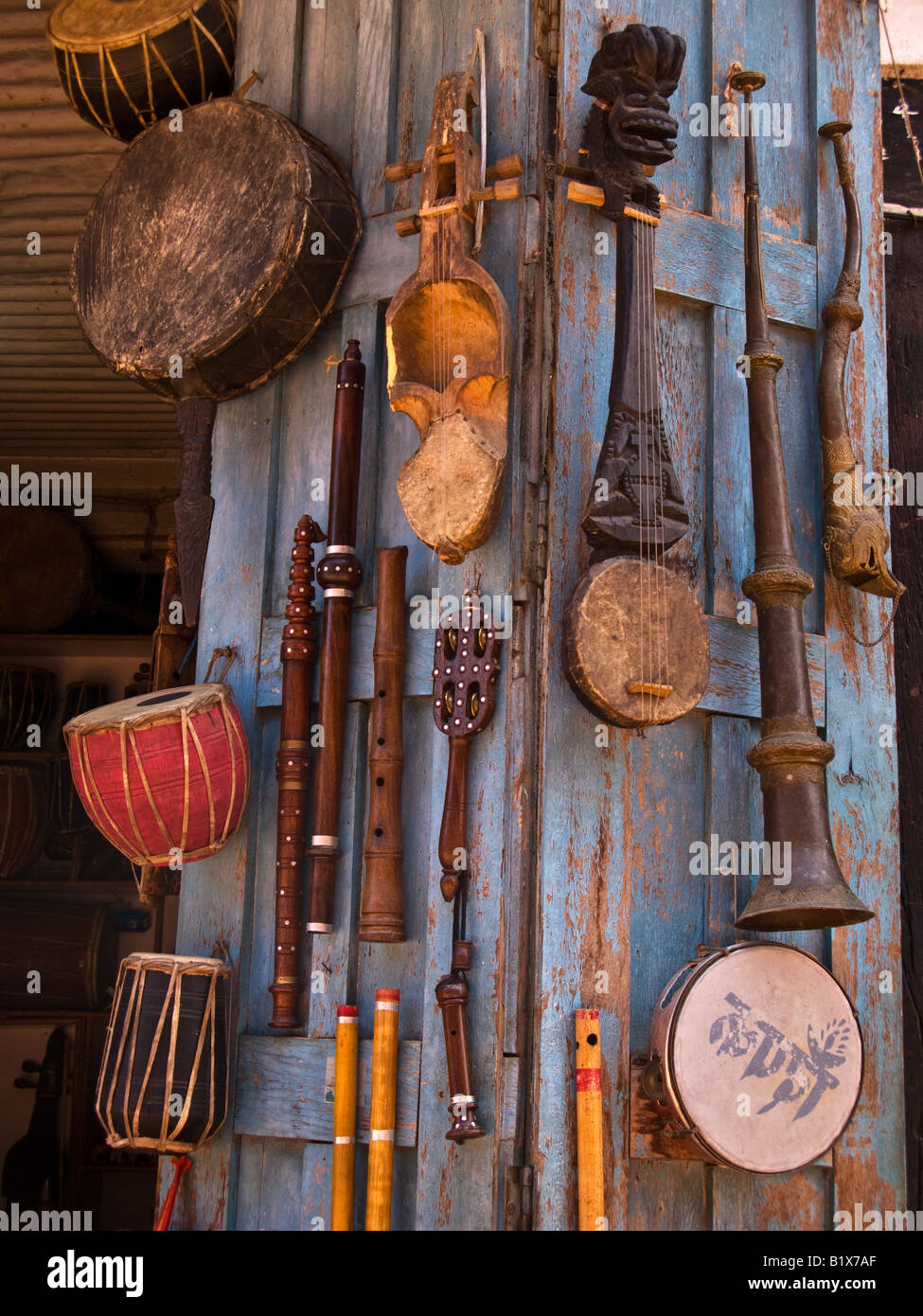 Traditional musical instruments displayed outside a shop in Bhaktapur