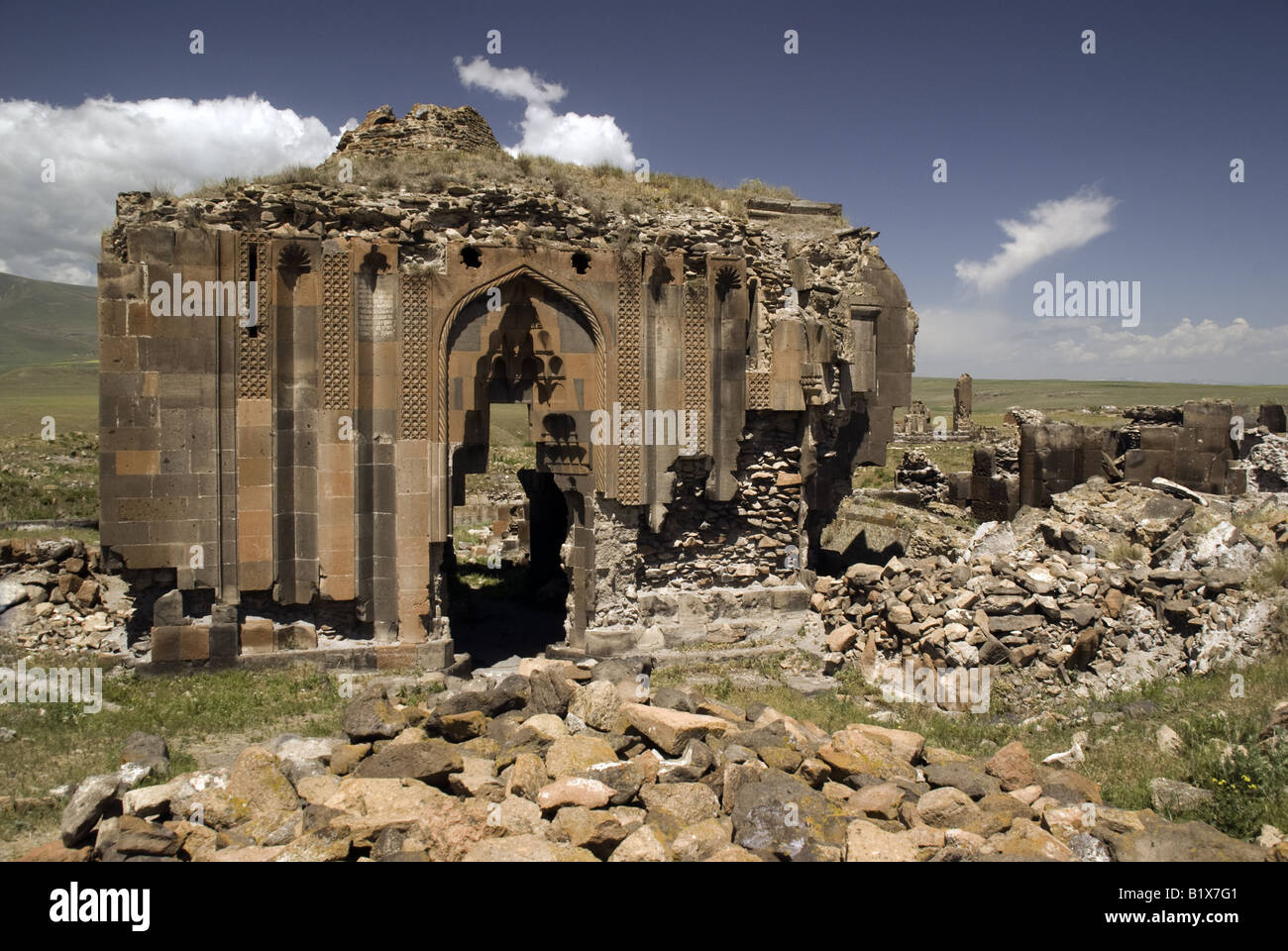 Remains of Silk Road caravansary at Ani, ruined capital of Armenian Kingdom, on eastern Turkey border with Armenia Stock Photo