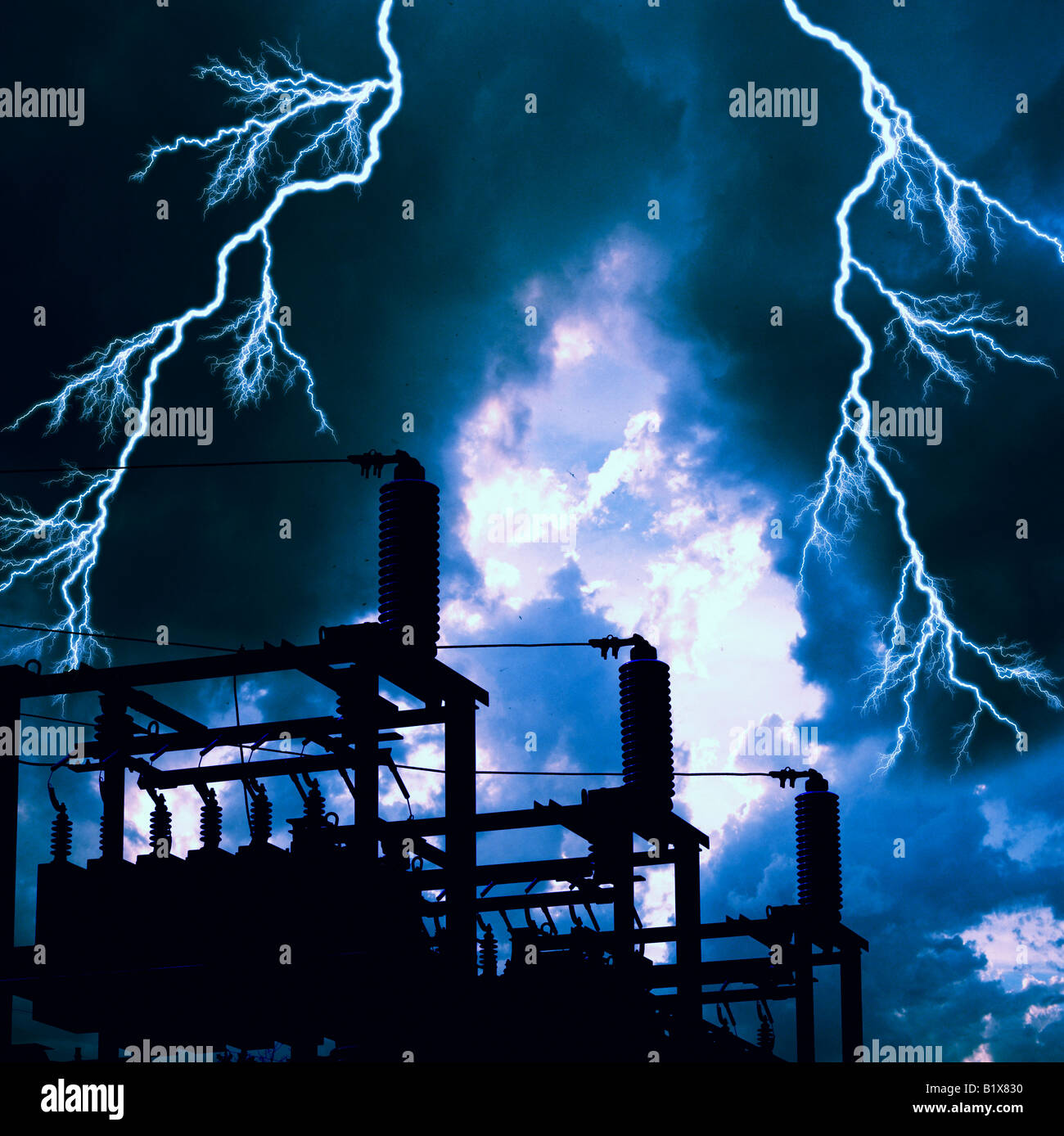 lightning bolts strike near an electric power station Stock Photo - Alamy