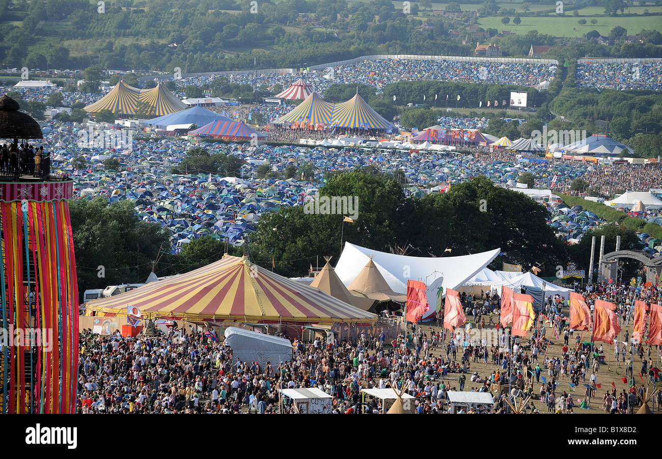 Glastonbury festival site view from the park field in the evening Stock