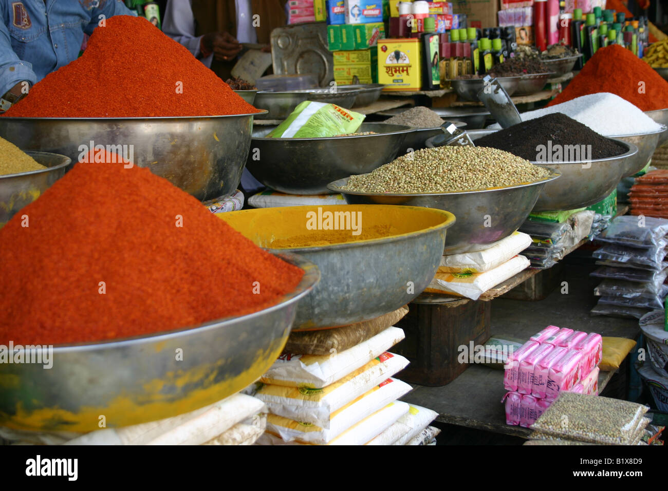 spices on display at a market stall in Udaipur, India Stock Photo