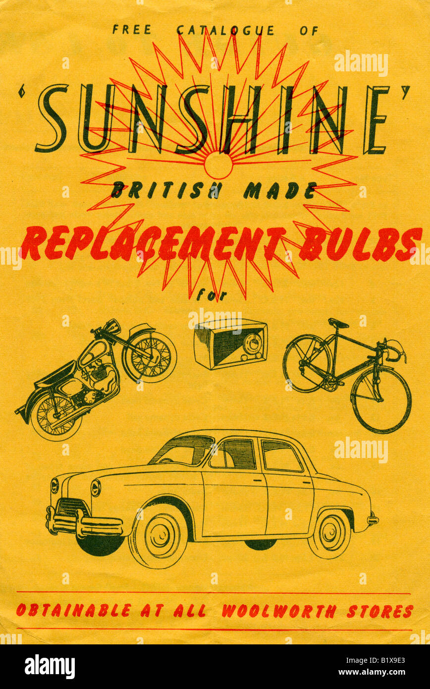 Late 1940s Early 1950s catalogue of Sunshine Replacement Bulbs for Motor Cars Bicycles and Motor Cycles FOR EDITORIAL USE ONLY Stock Photo