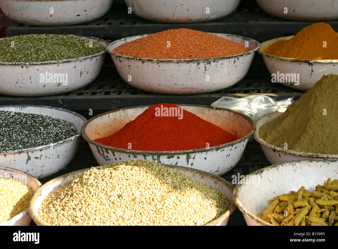 spices on display at a vegetable market in Udaipur, India Stock Photo