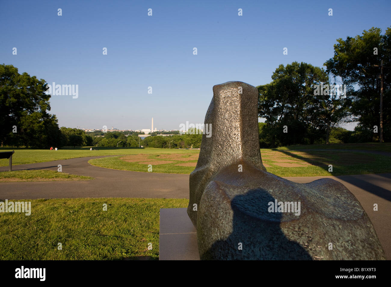A brozen lion looks out to Washington DC from the base of the Netherlands Carillon. Stock Photo