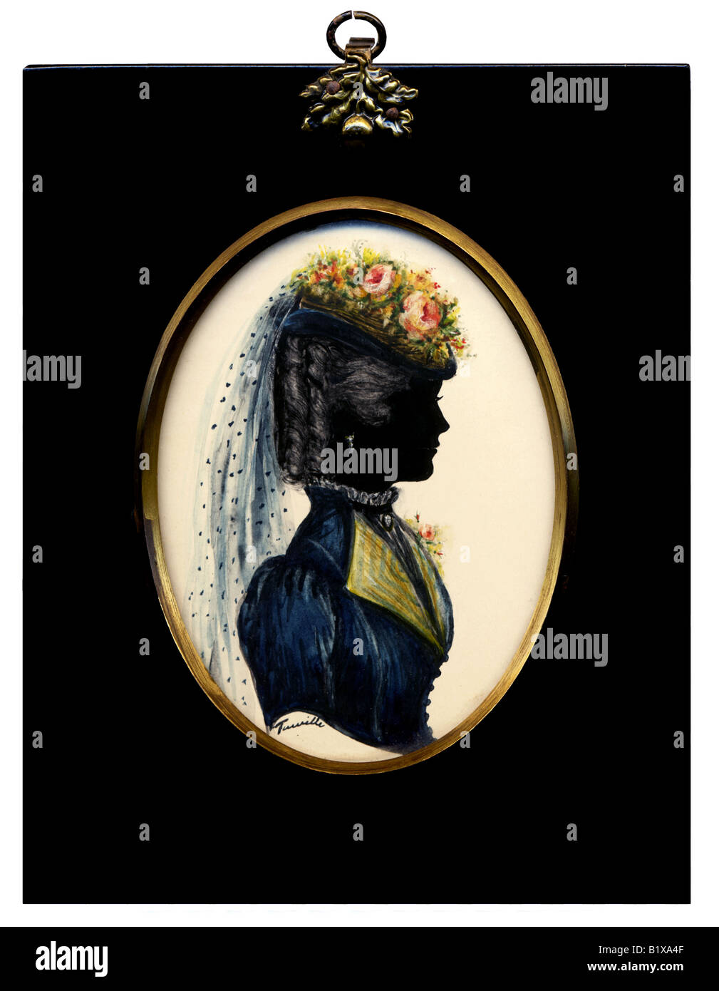 A painted miniature silhouette of a young woman in Georgian style with the artist's signature  FOR EDITORIAL USE ONLY Stock Photo