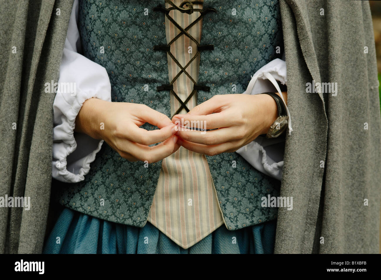 Canada, Montreal, Maison Saint Gabrielle, woman in period dress, hands Stock Photo