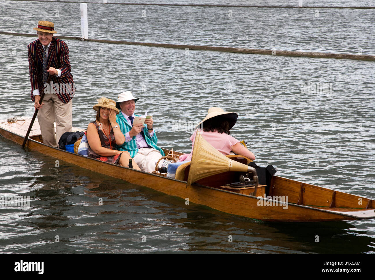 A family on a River Thames punt during Henley Regatta week. Stock Photo
