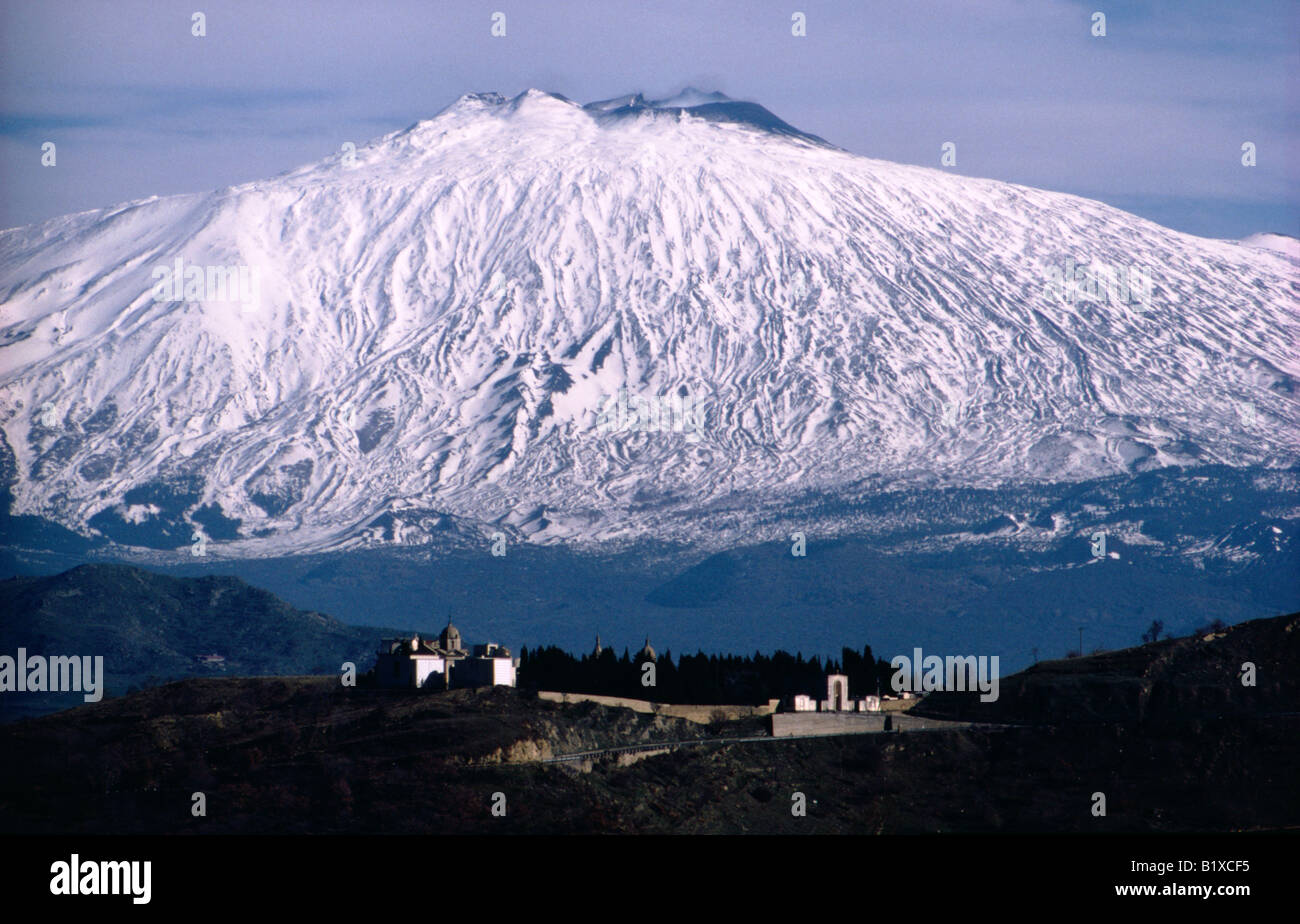 A snow covered Mount Etna seen from between Leonforte and Nicosia