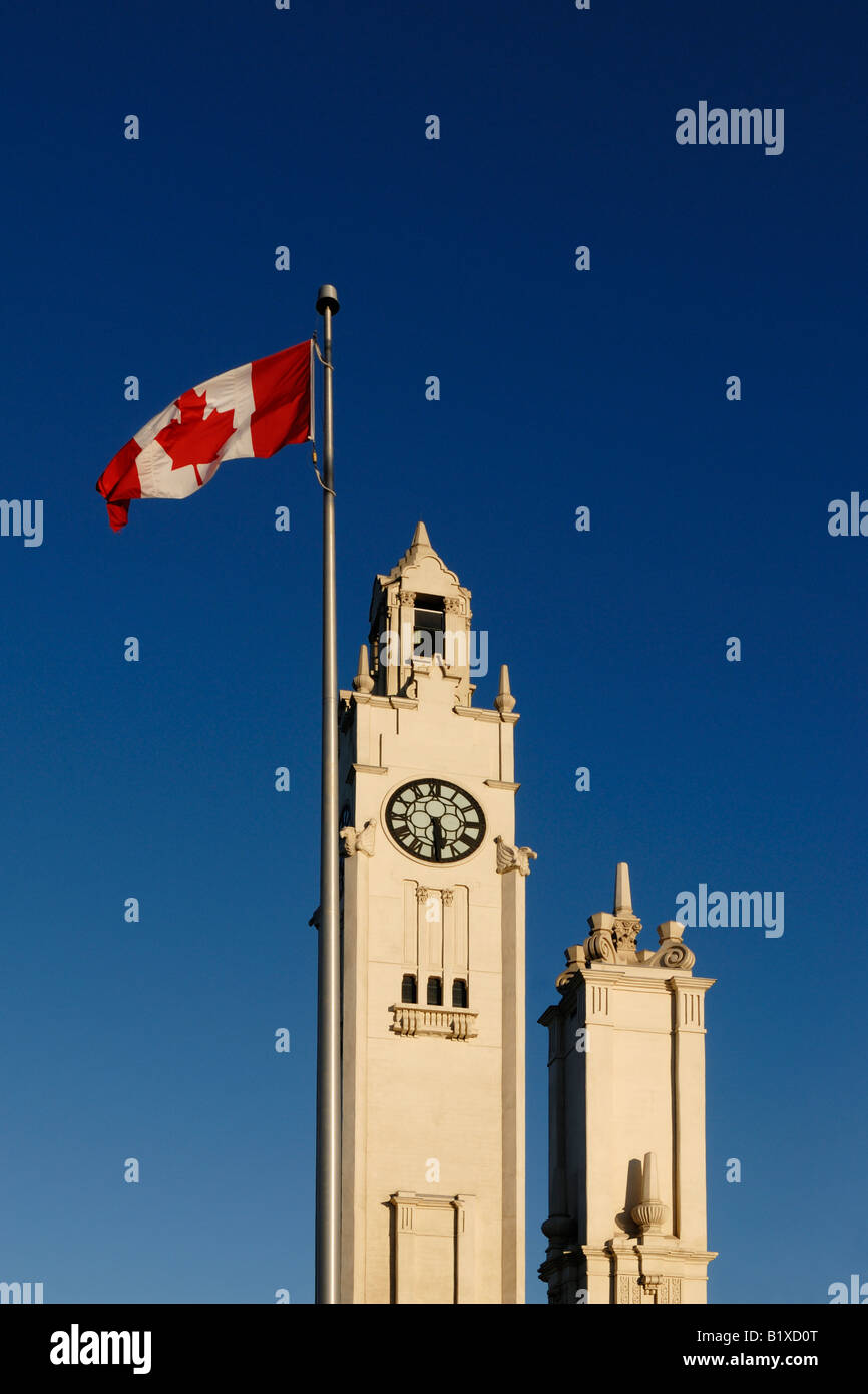 Canada, Montreal, Clock Tower, Tour de lHorloge, with Canadian flag Stock Photo