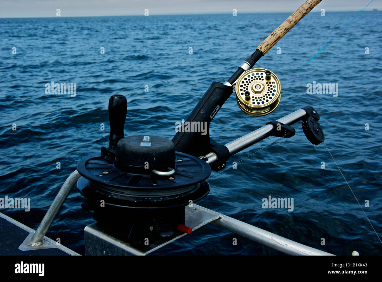 Single action Islander MR2 fishing reel used with a Scotty manual  downrigger to troll for salmon Stock Photo - Alamy