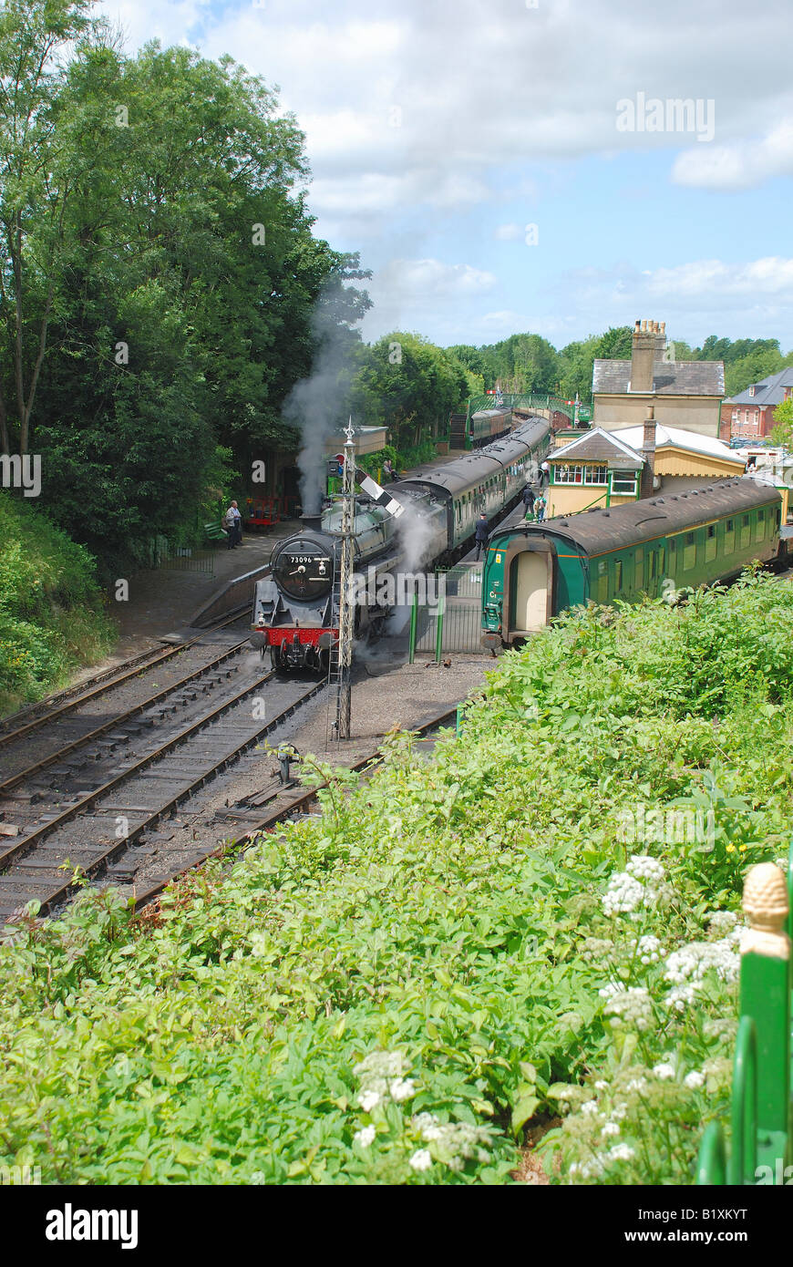 steamtrain leaving station Stock Photo