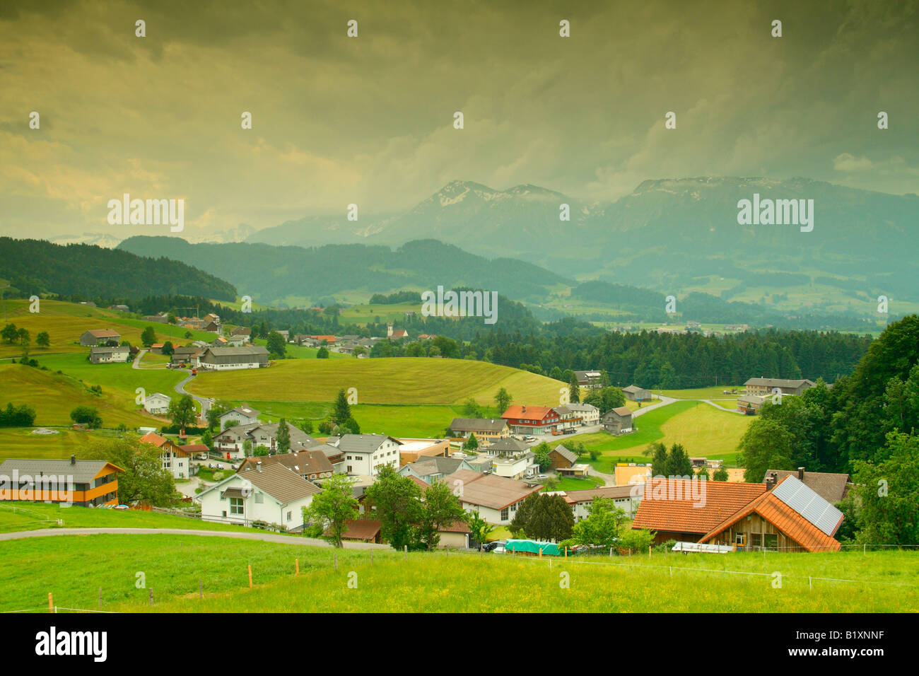 View over Langenegg village, district of Bregenzerwald, Vorarlberg region, Austria Stock Photo
