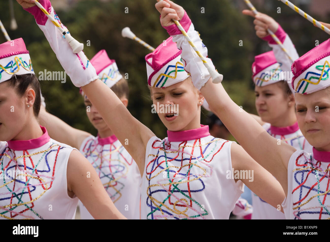 Majorette International Festival Grand Prix outdoor competition girls wearing white outfit Croatia Europe Stock Photo