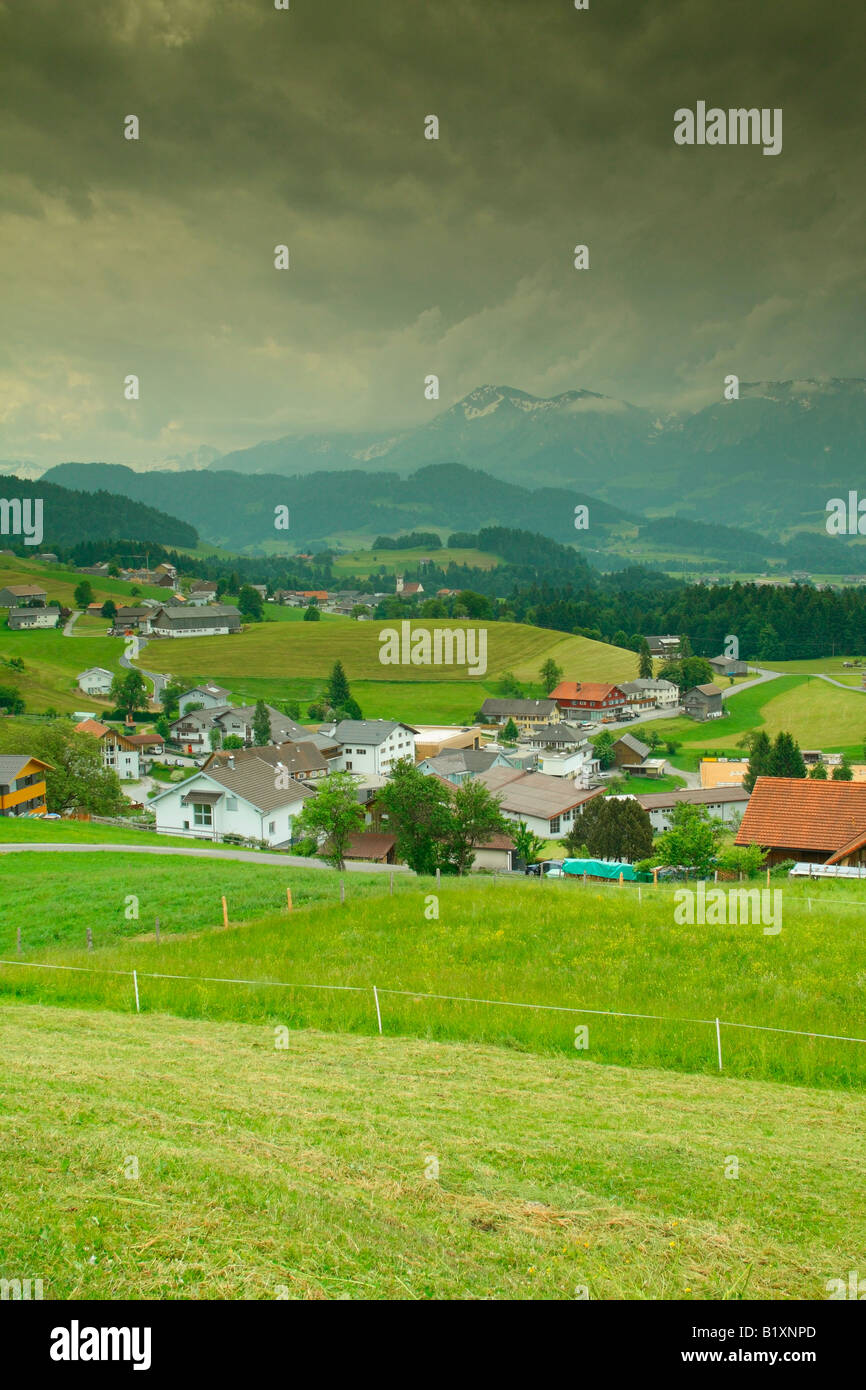 View over Langenegg village, district of Bregenzerwald, Vorarlberg region, Austria Stock Photo