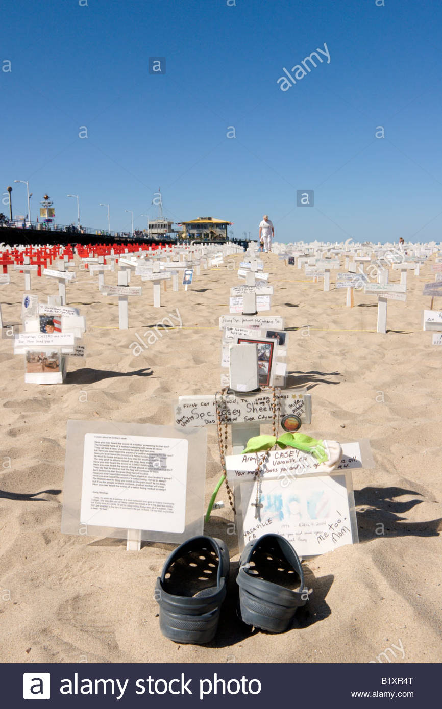 Arlington West Memorial Cross for Casey Sheehan Son of Prominent Anti Iraq War Protester Cindy Sheehan Santa Monica California Stock Photo