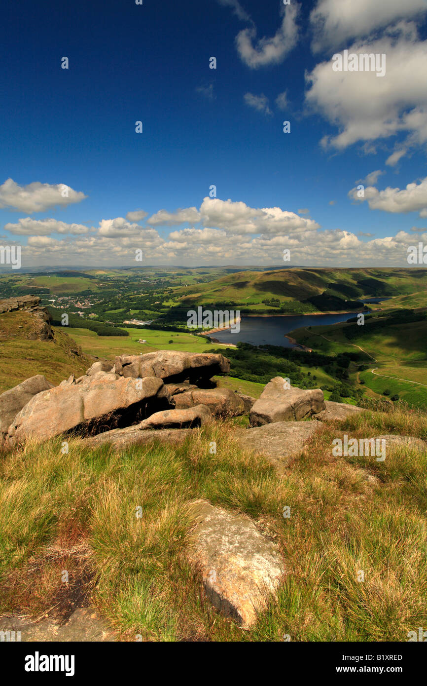 Dovestone Reservoir from Stable Stones Brow, Greenfield, Saddleworth, Oldham, Greater Manchester, Peak District National Park UK Stock Photo
