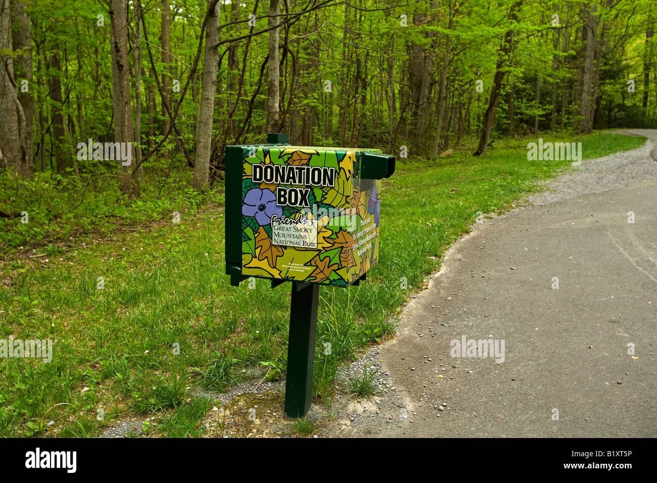 Friends of the Smokies Donation Box Motor Nature Trail Spring Great Smoky Mountains National Park TN USA Stock Photo