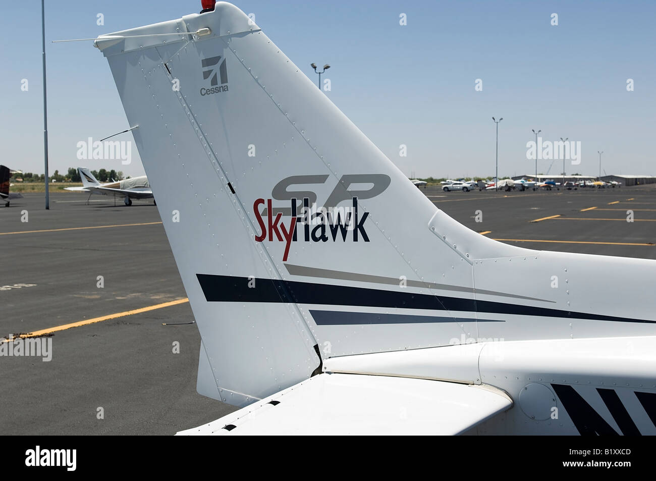 Tail section of a modern Cessna 172 SP SkyHawk light general aviation aircraft. Stock Photo