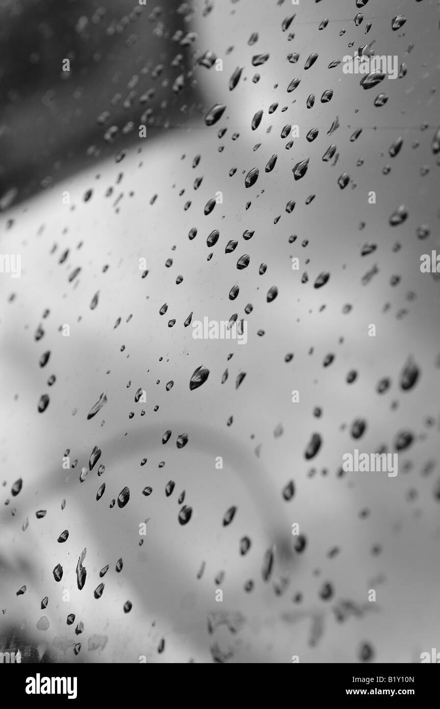 A black and white photograph of rain drops on the hood of a car. Stock Photo