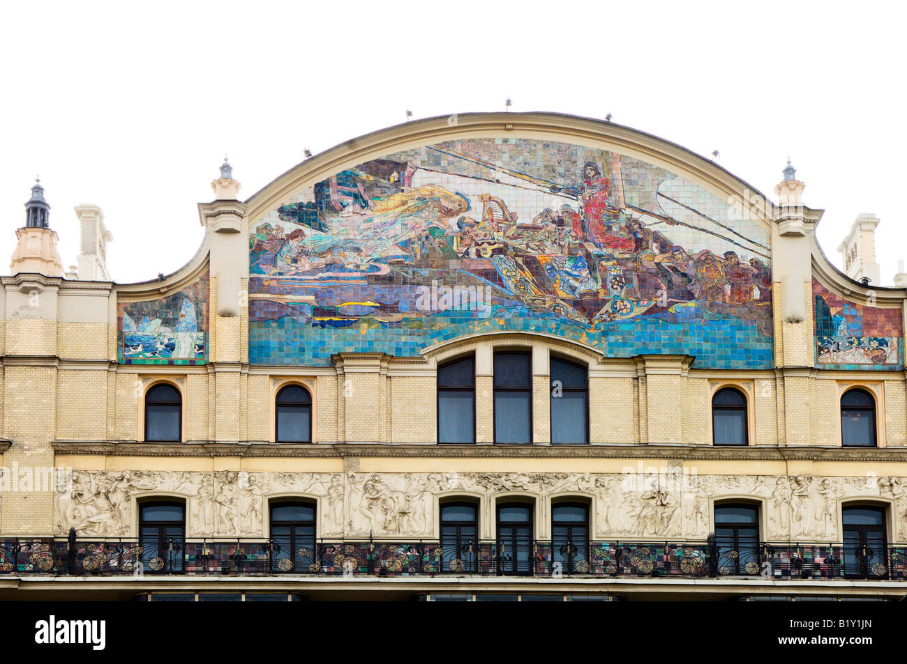 Art Nouveau mosaic decoration to the Princess of Dreams on the roof of The Hotel Metropol Revolution Square Moscow Russia Stock Photo