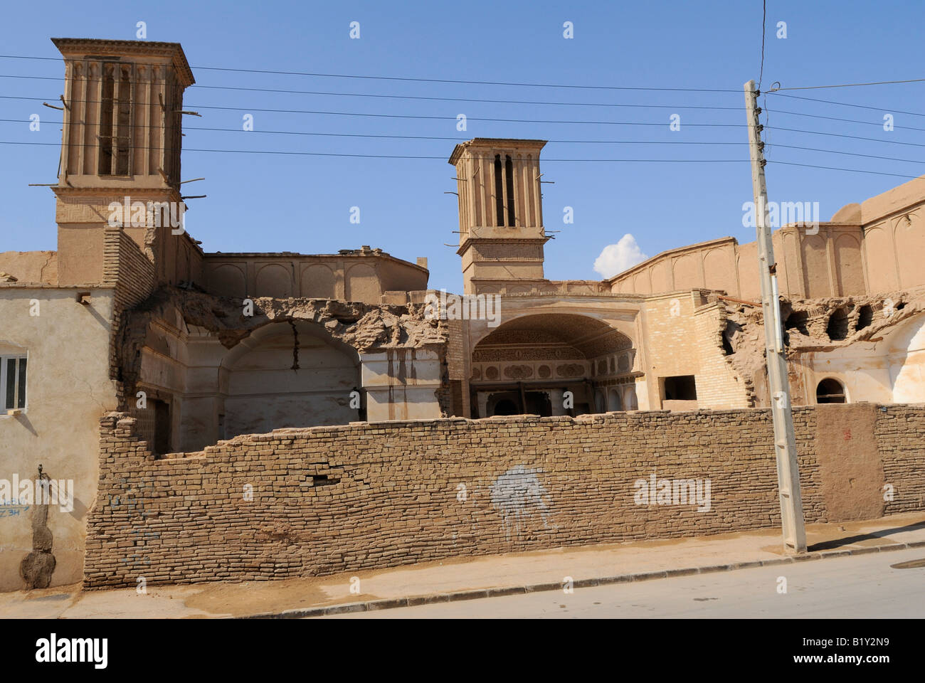 A view of two ancient wind catchers, to be found in the old sector of Yazd Stock Photo